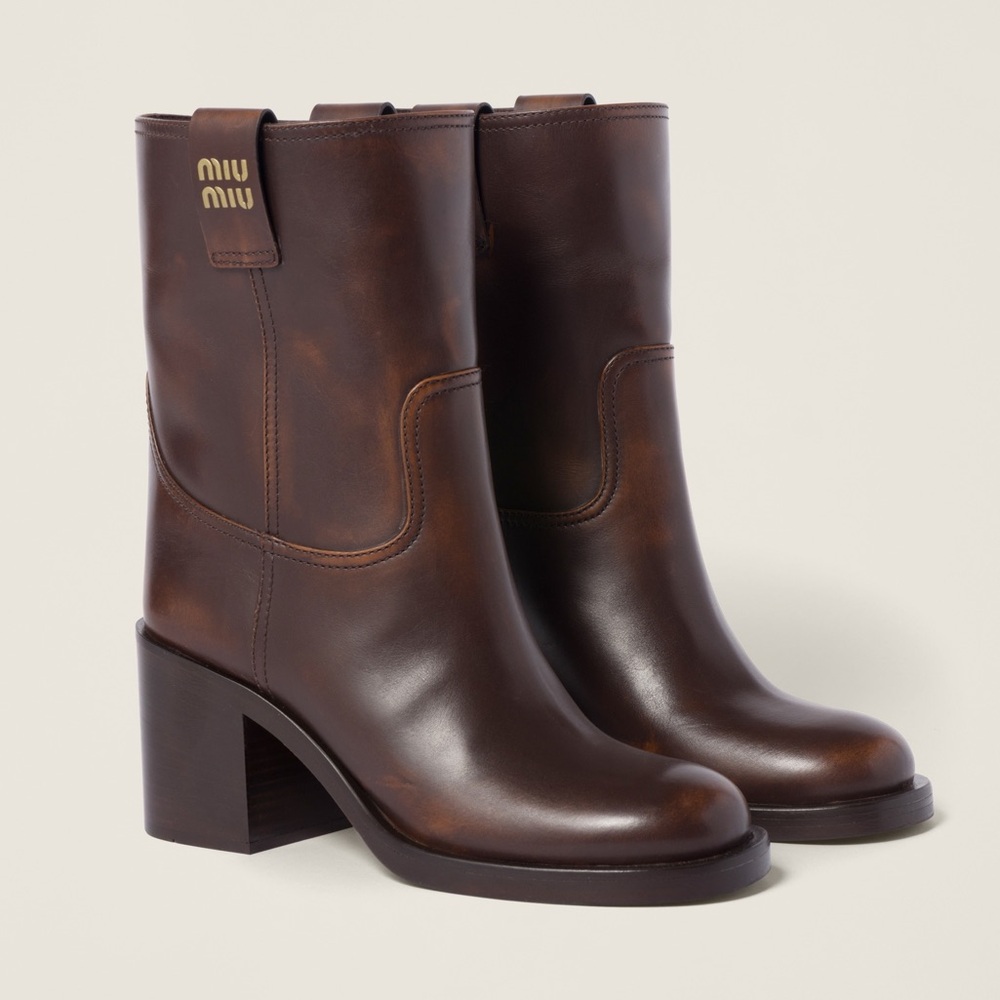 MIU MIU Fumé Calfskin Leather Sienna Brown Distressed Motorcycle Block Heel Boot